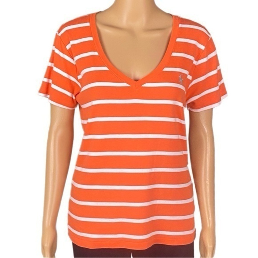 RALPH LAUREN SPORT orange with white stripes, cotton, ribbed sweater. Size XL.